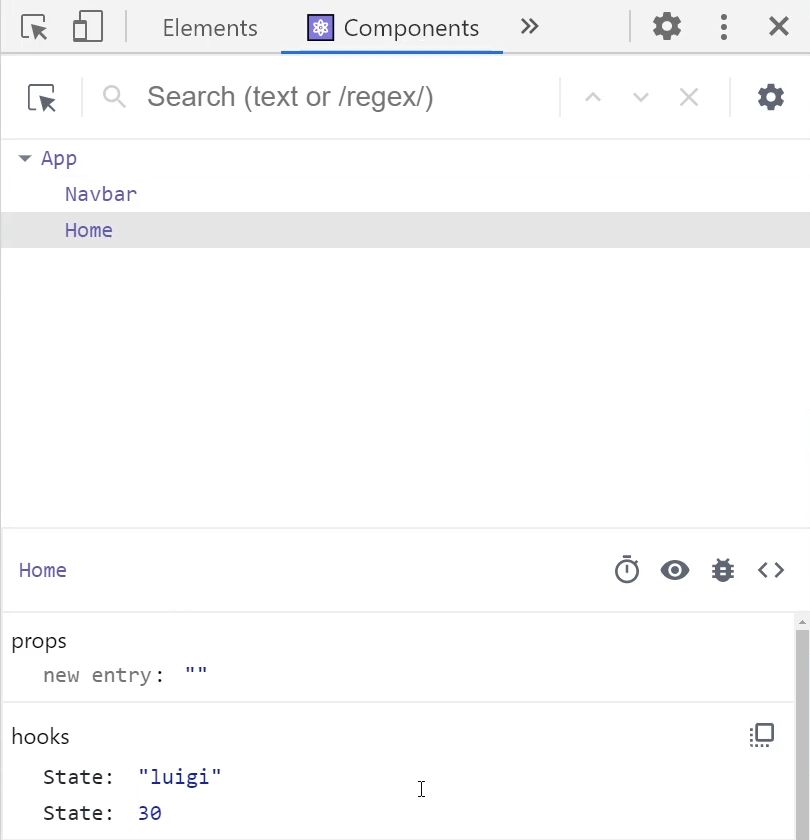 Дерево компонентов и панель состояния React DevTools