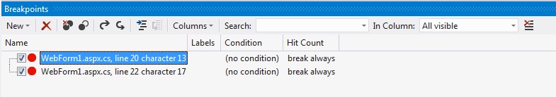 Окно Breakpoints