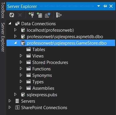 База данных GameStore, отображаемая в окне Server Explorer