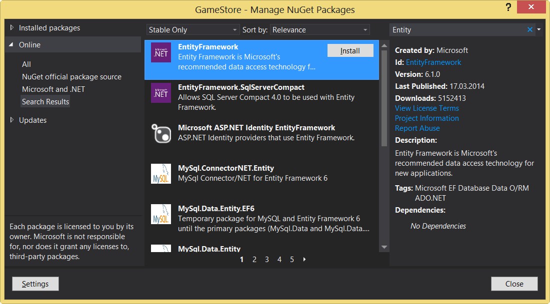 Поиск инфраструктуры Entity Framework в NuGet