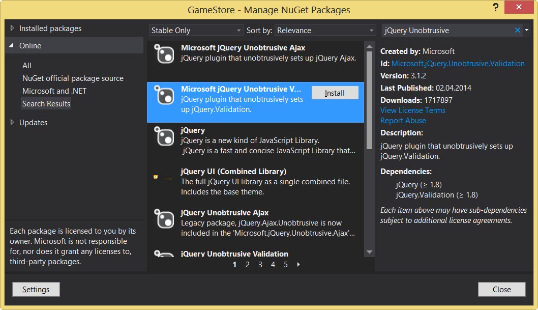 Установка пакета Microsoft jQuery Unobtrusive Validation
