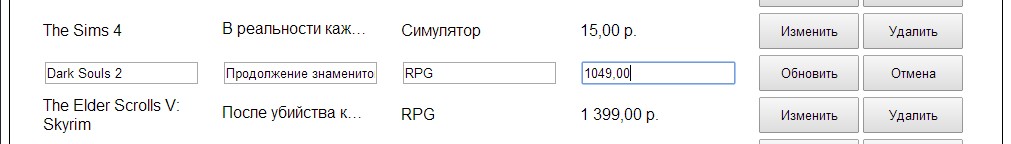 Редактирование сведений о товаре в элементе управления ListView