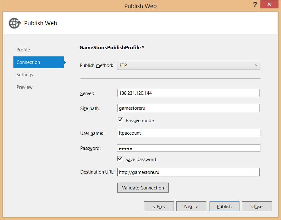 Сведения о профиле FTP, необходимые для подключения