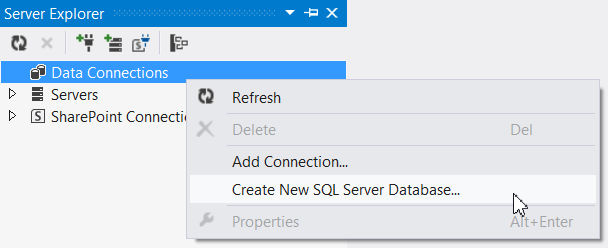 Создание базы данных через окно Server Explorer