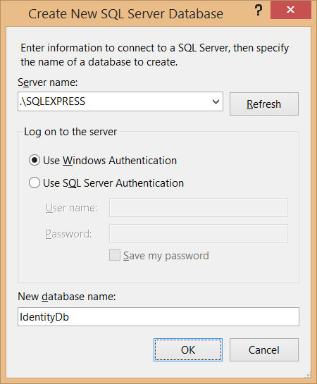 Настройки новой базы данных в диалоговом окне Create New SQL Server Database