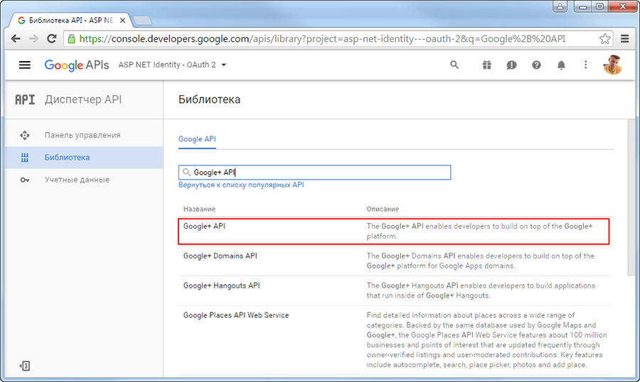 Подключение API-интерфейса Google+