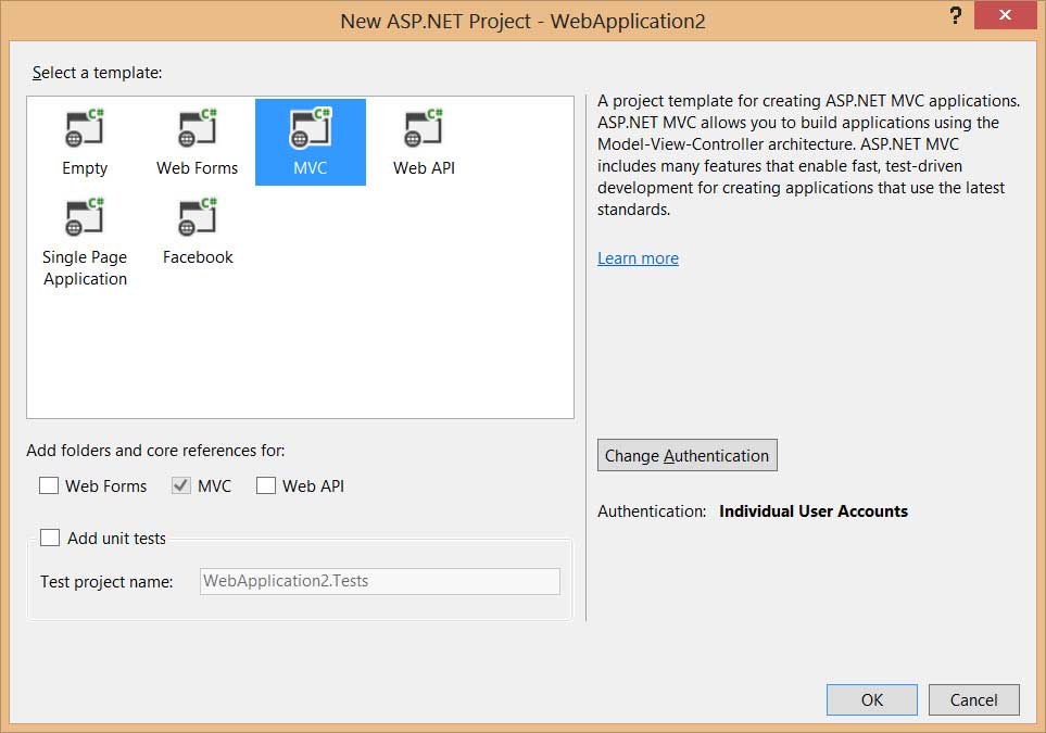Создание нового проекта с использованием шаблона ASP.NET MVC