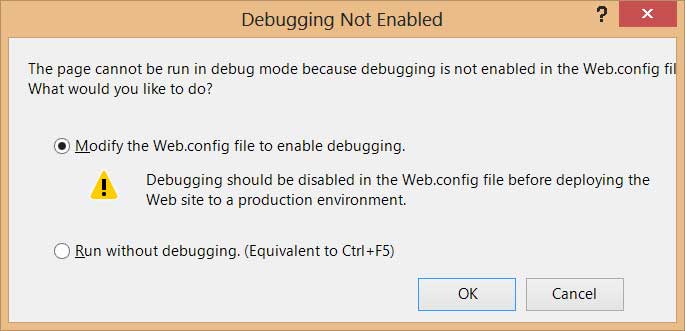 Диалоговое окно, которое Visual Studio отображает, если в файле Web.config отладка отключена