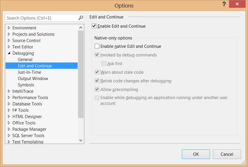 Включение средства Edit and Continue в диалоговом окне Options