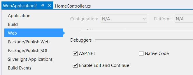 Включение средства Edit and Continue в окне свойств проекта