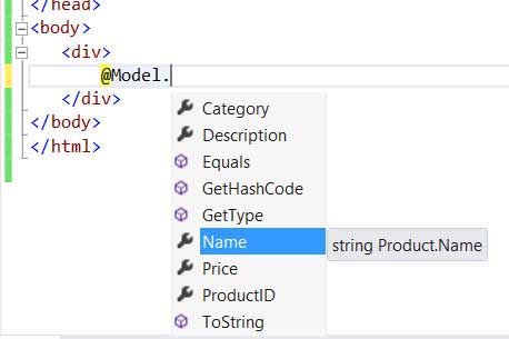 Среда Visual Studio предлагает предположительные варианты имен членов, основываясь на выражении @Model