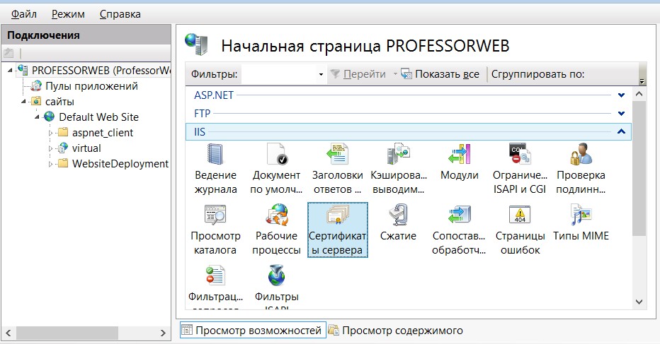 Опция Server Certificates в IIS 8