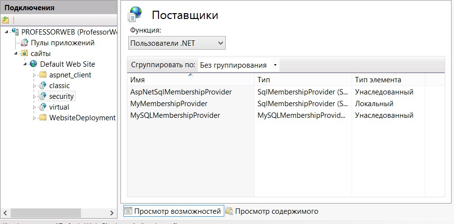 Конфигурирование поставщиков Membership API в IIS 8