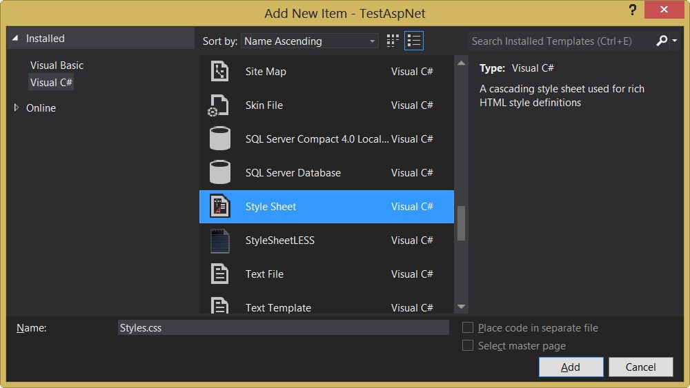 Добавление таблицы стилей CSS в Visual Studio