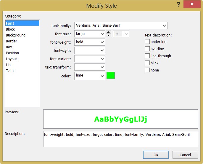 Окно Modify Style