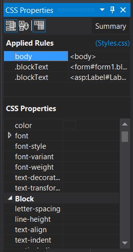 Изменение стиля в окне CSS Properties