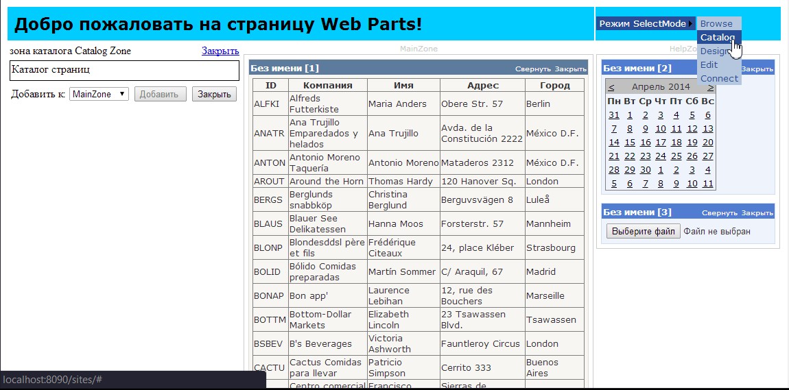 Зона Catalog Zone отображается в режиме Catalog