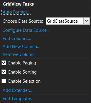 Меню GridView Tasks