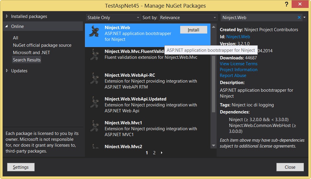 Применение диспетчера пакетов NuGet для добавления пакета Ninject.Web в проект TestAspNet45