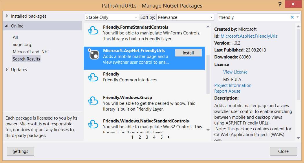 Установка пакета NuGet ASP.NET Friendly URLs