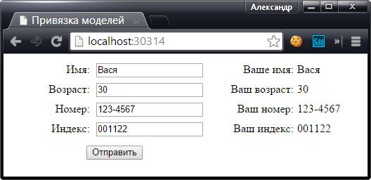 Отображение значений данных формы