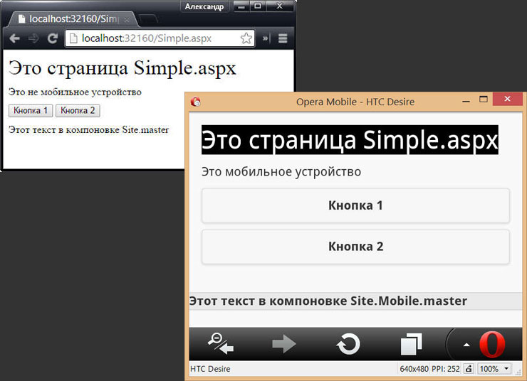 Результат использования библиотеки jQuery Mobile внутри мастер-страницы для мобильных устройств