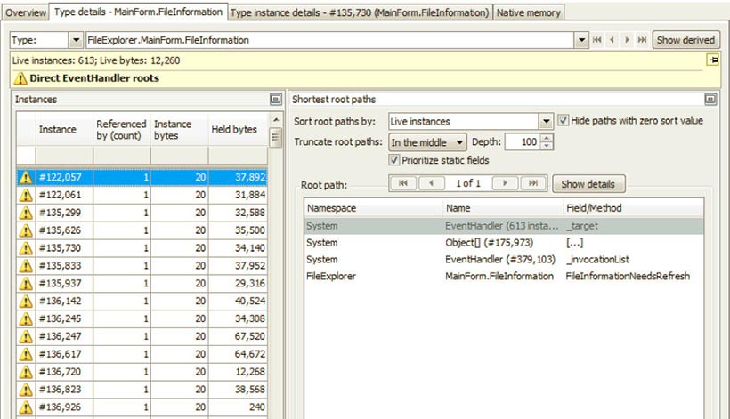 Подробности утечки памяти в SciTech .NET Memory Profiler