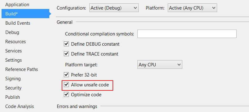 Включение поддержки небезопасного кода в настройках проекта C# (Visual Studio 2012)