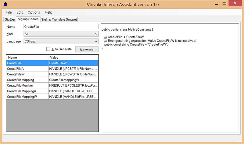 Окно утилиты P/Invoke Interop Asssitant, демонстрирующей сигнатуру P/Invoke для CreateFile