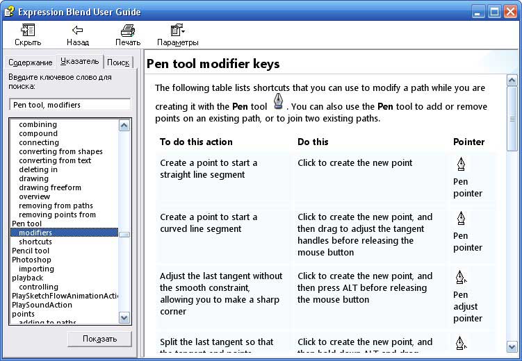 Перечень операций инструмента Pen