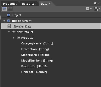 Новый источник данных XML на панели Data
