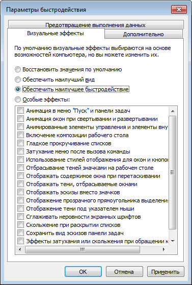 Отключение визуальных эффектов в Windows 7