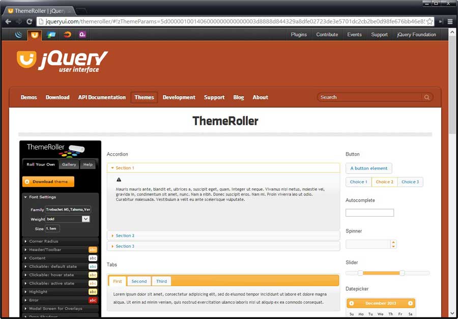 Страница выбора тем оформления на сайте JQuery UI