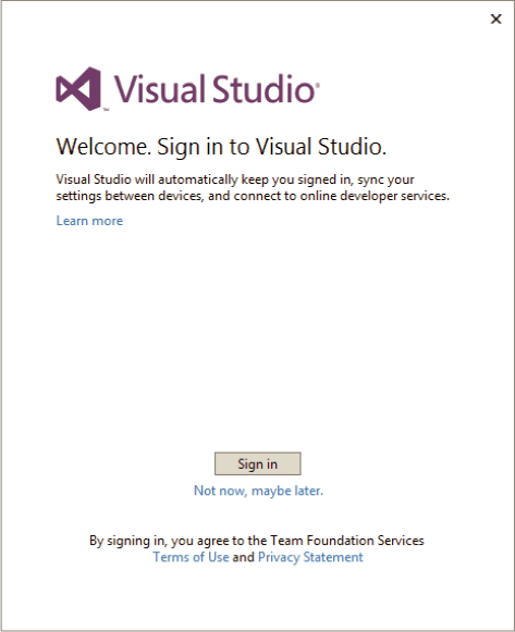 Окно с предложением входа в систему Visual Studio