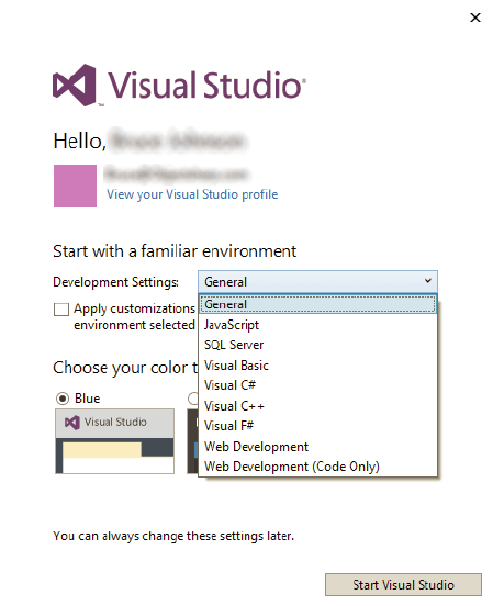Выбор базовой настройки Visual Studio при первом запуске