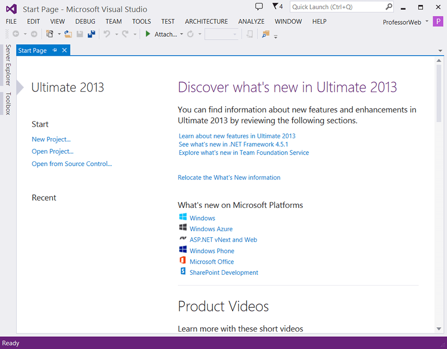 Стартовая страница при запуске Visual Studio
