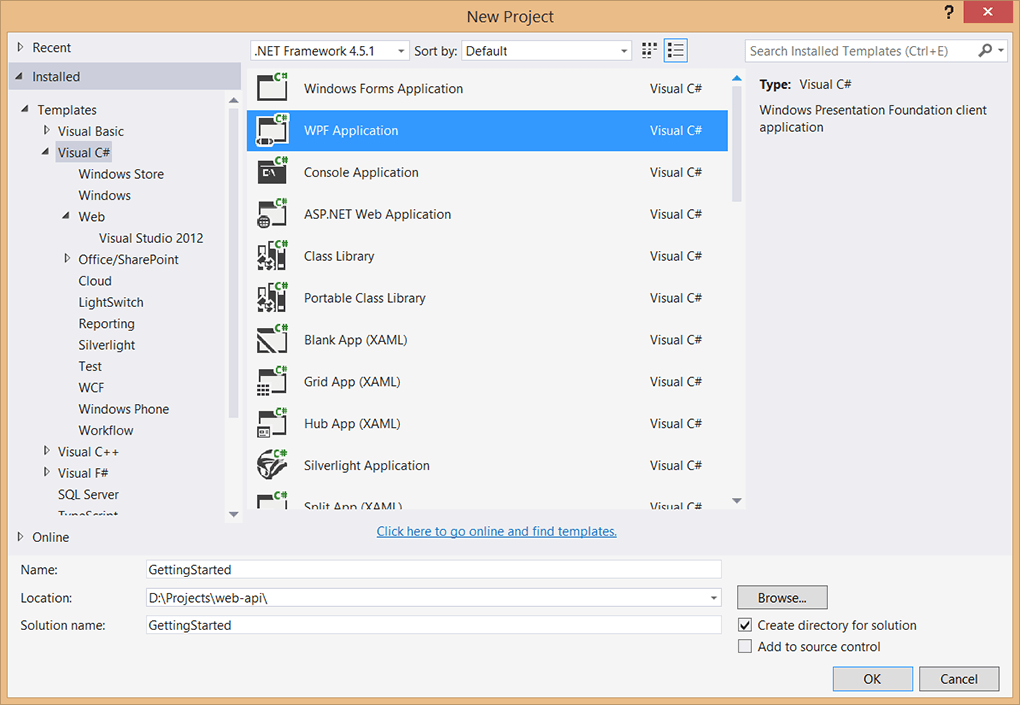 Создание нового проекта в Visual Studio