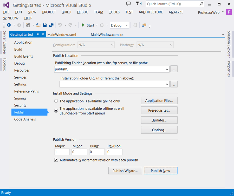Варианты развертывания приложения в свойствах проекта Visual Studio