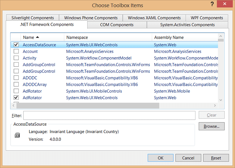 Список компонентов .NET Framework для окна Toolbox