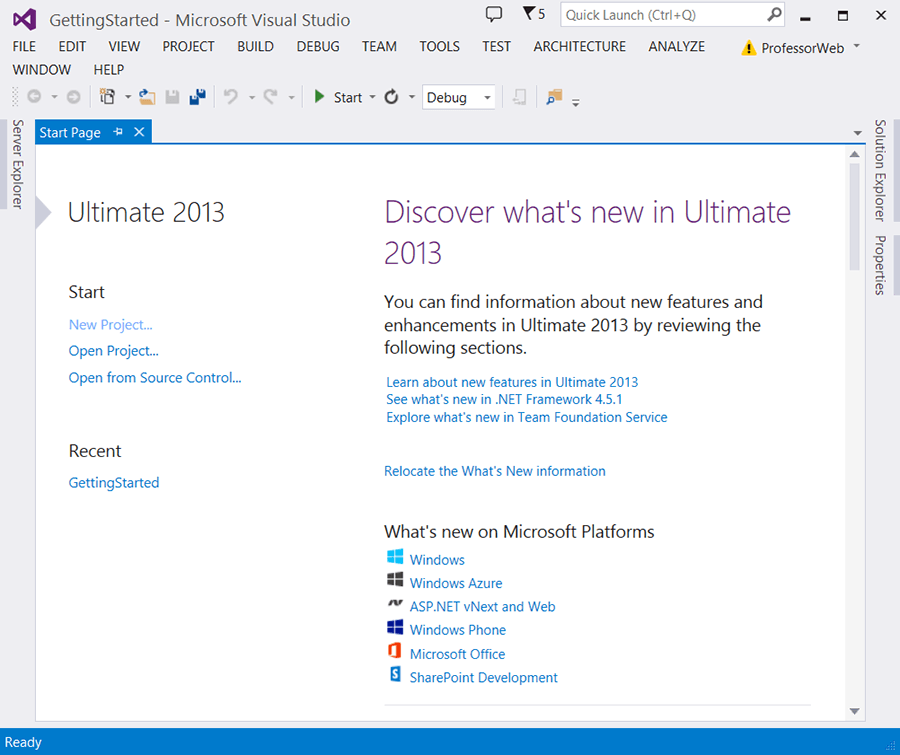 Панель Start page среды Visual Studio
