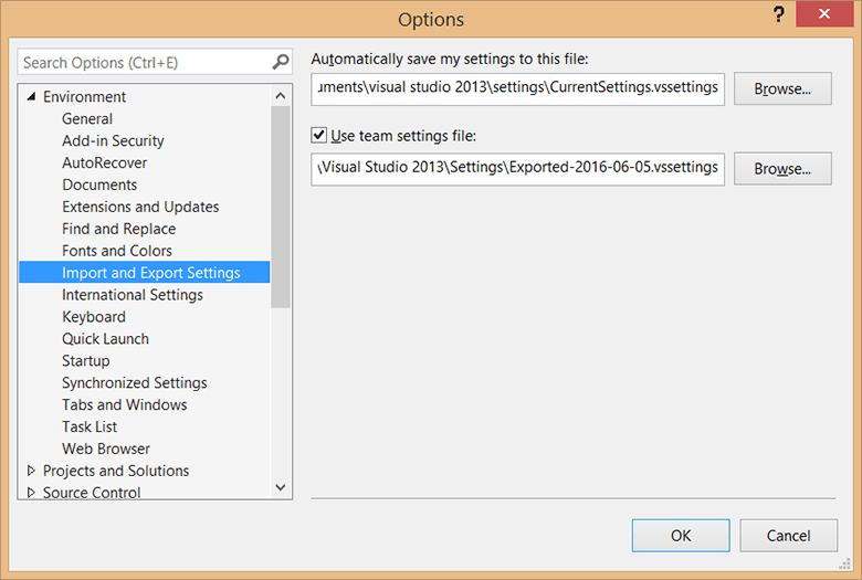 Импорт настроек Visual Studio для команды разработчиков
