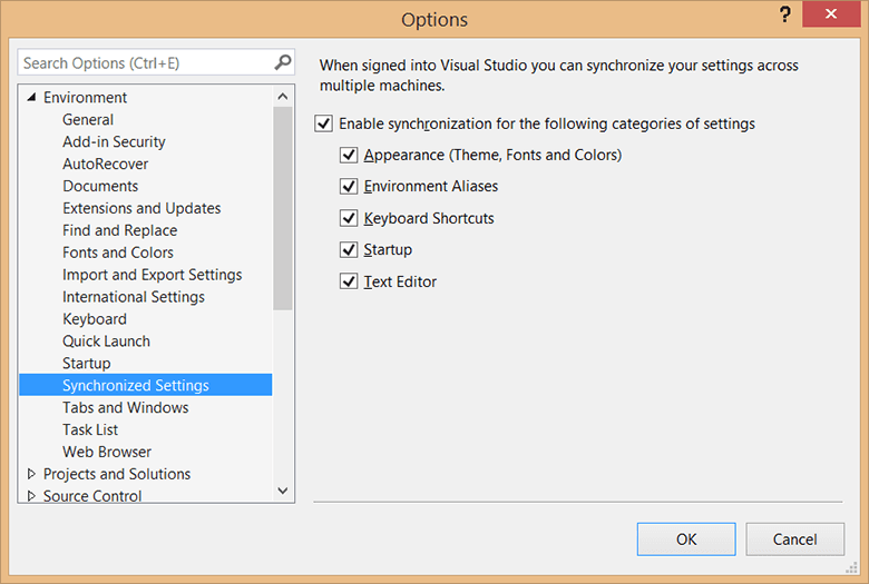 Настройки синхронизации в Visual Studio