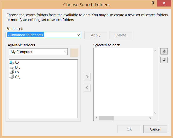 Выбор области поиска с помощью модального окна Choose Search Folders