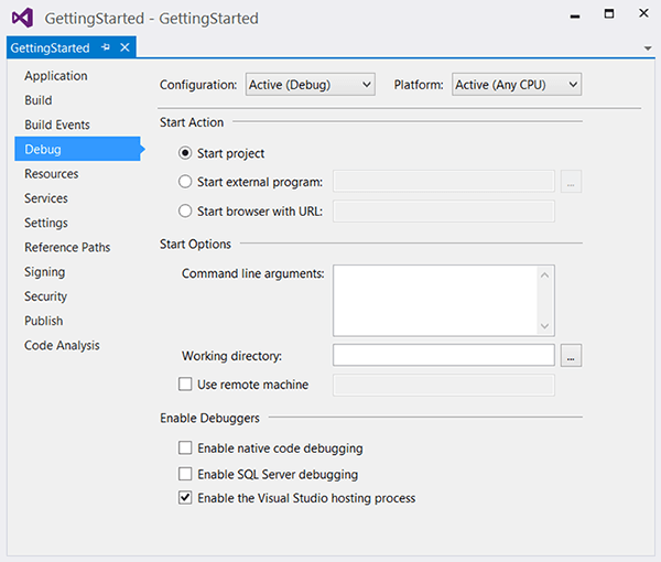 Раздел Debug свойств проекта Visual Studio