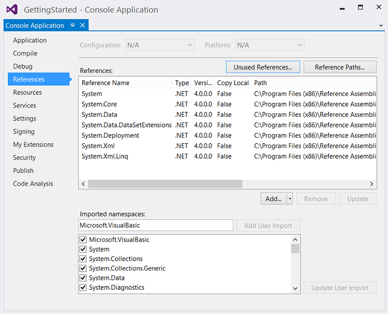 Закладка References среды Visual Studio