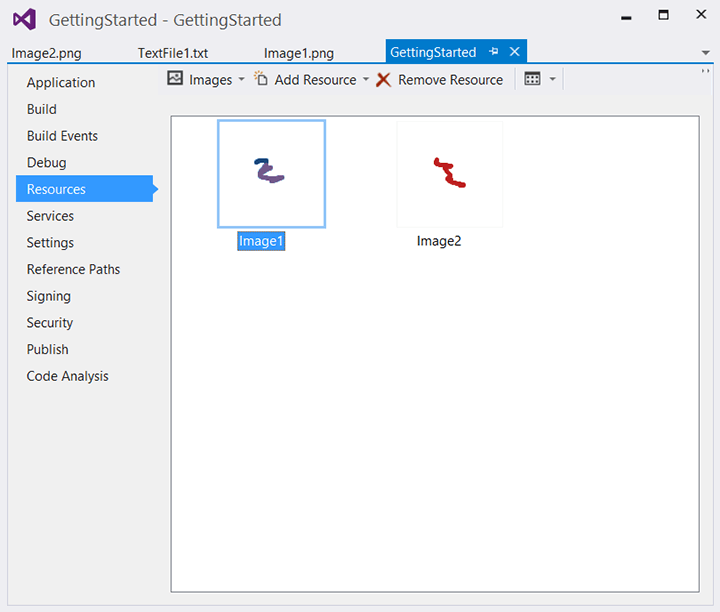 Закладка Resources среды Visual Studio