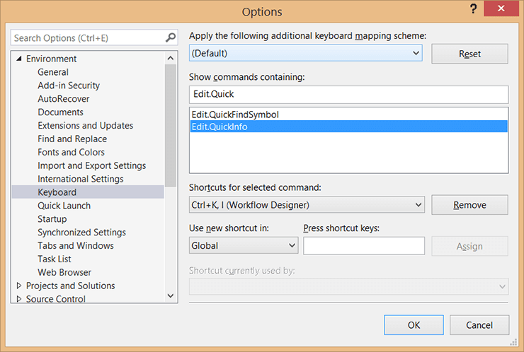 Настройки комбинаций клавиш для IntelliSense
