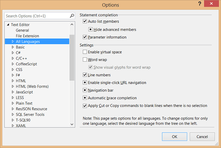 Настройки Statement Completion для IntelliSense