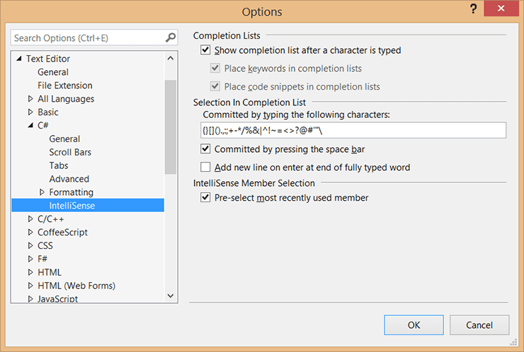 Настройки IntelliSense для C#