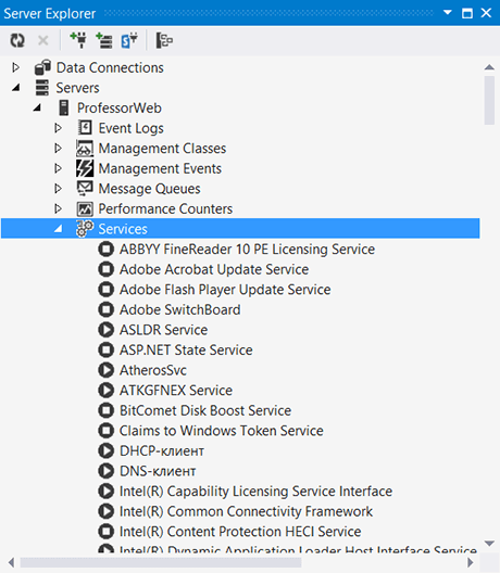 Узел Services окна Server Explorer